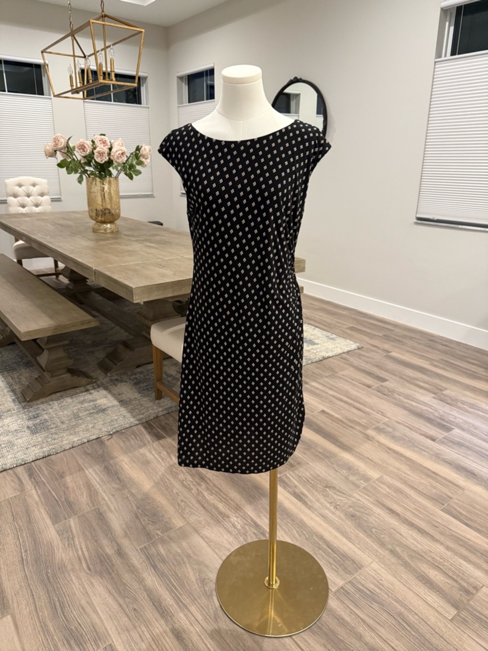 LOFT Black Midi Dress with Cream Diamond Print